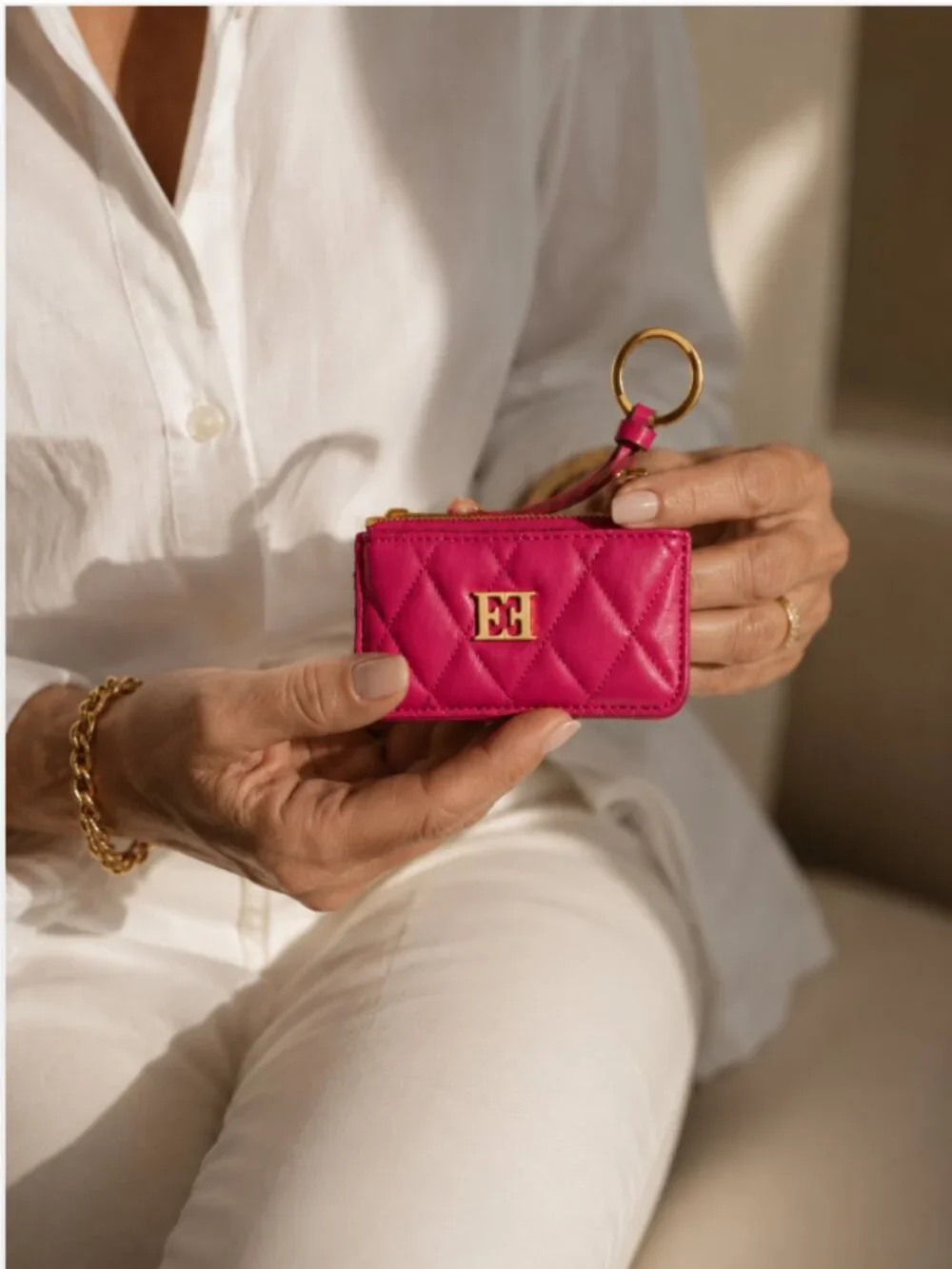 Escada Pink Quilted Leather Key Holder Coin Purse Card Case w/ Dust Bag Rare